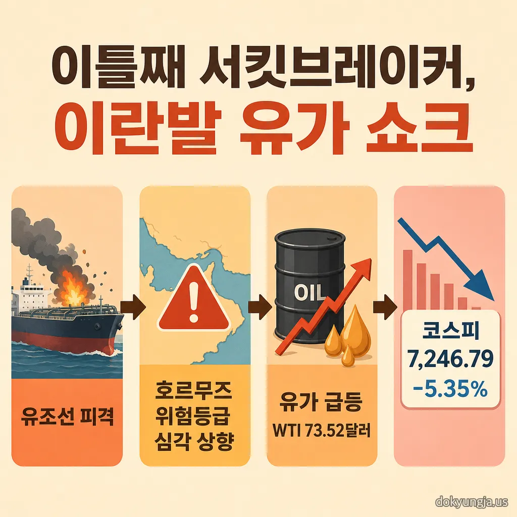 이틀째 서킷브레이커 원인 인포그래픽 — 유조선 피격에서 JMIC 위험등급 상향, 미국 이란 공습, 유가 급등(WTI 73.52달러, 브렌트 78.02달러), 코스피 7246.79 하락까지 이어지는 흐름