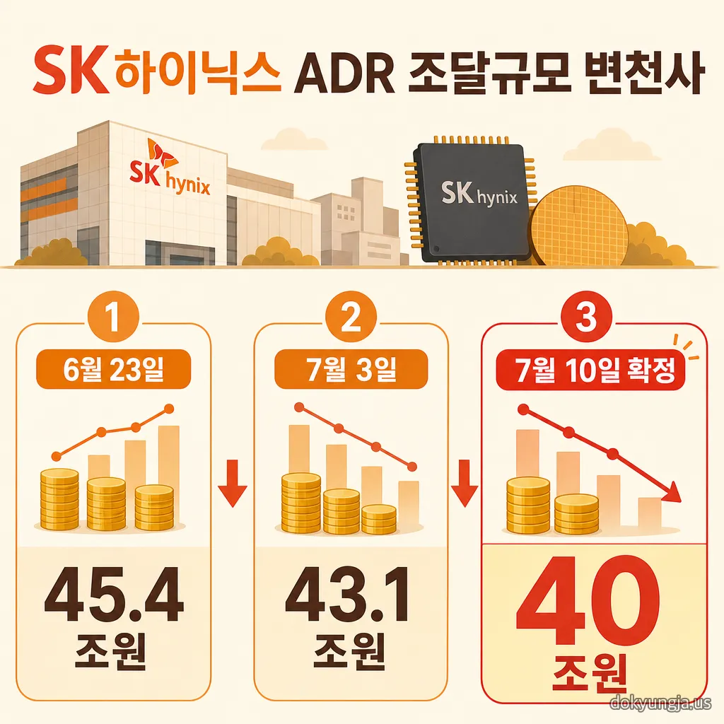 SK하이닉스 ADR 조달 규모 변천사 인포그래픽 — 6월 23일 45.4조원에서 7월 3일 43.1조원, 7월 10일 최종 40조원으로 3단계 감소하는 타임라인