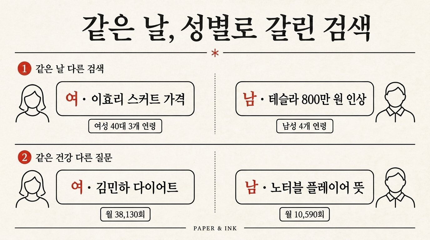 같은 날, 성별로 갈린 검색 — 여성은 이효리 스커트와 김민하 다이어트를, 남성은 테슬라 가격 인상과 노터블 플레이어를 검색했다