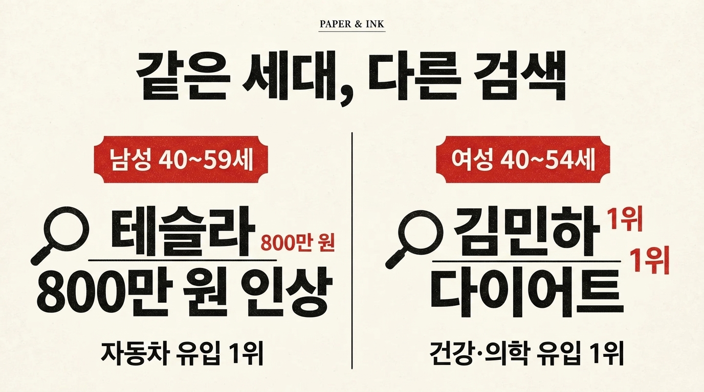 남성은 테슬라 800만 원 인상을, 여성은 김민하 다이어트를 검색했습니다 — 4050 세대의 검색창이 갈라진 이유 — 대표 이미지