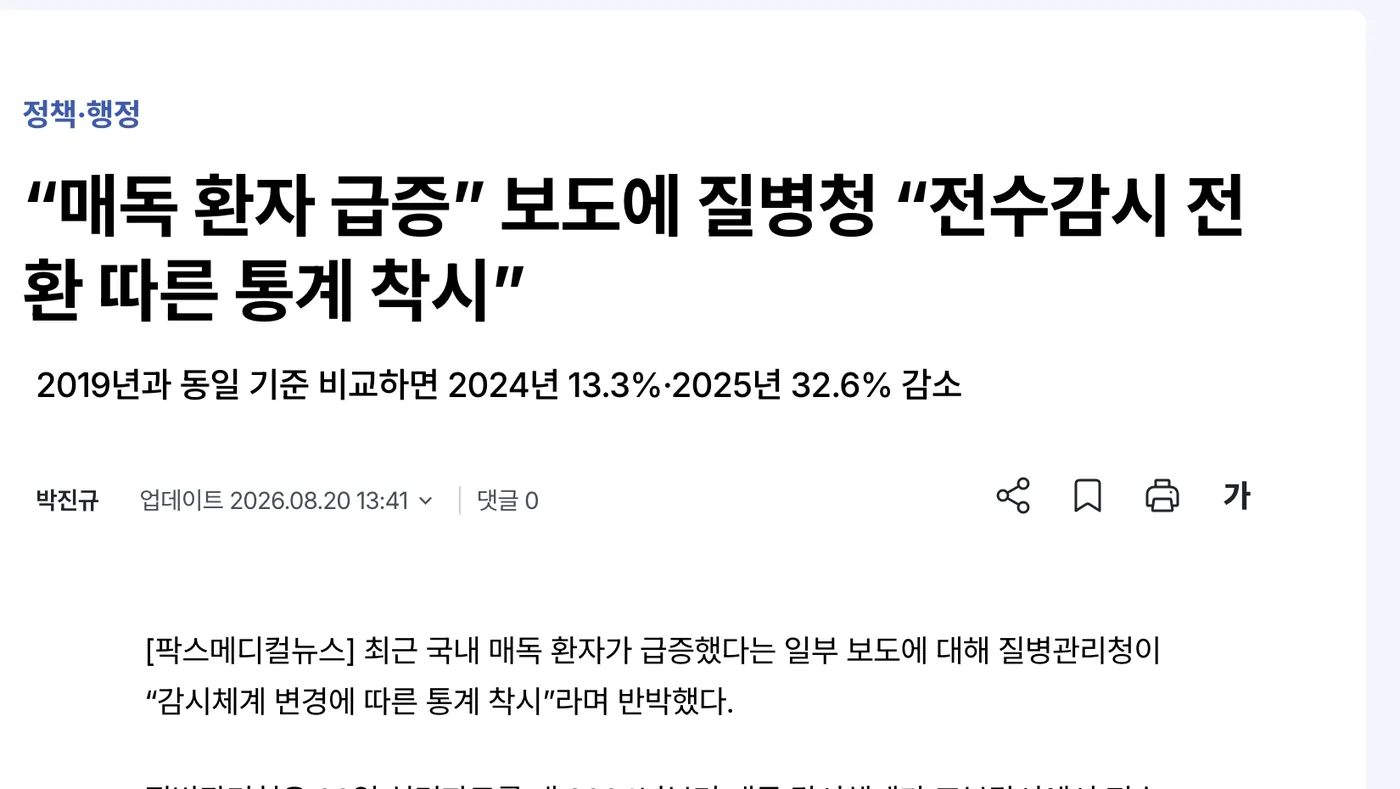 매독 환자 급증 보도에 대해 질병관리청이 전수감시 전환에 따른 통계 착시라고 반박한 2026년 8월 20일 팍스메디컬뉴스 기사 화면
