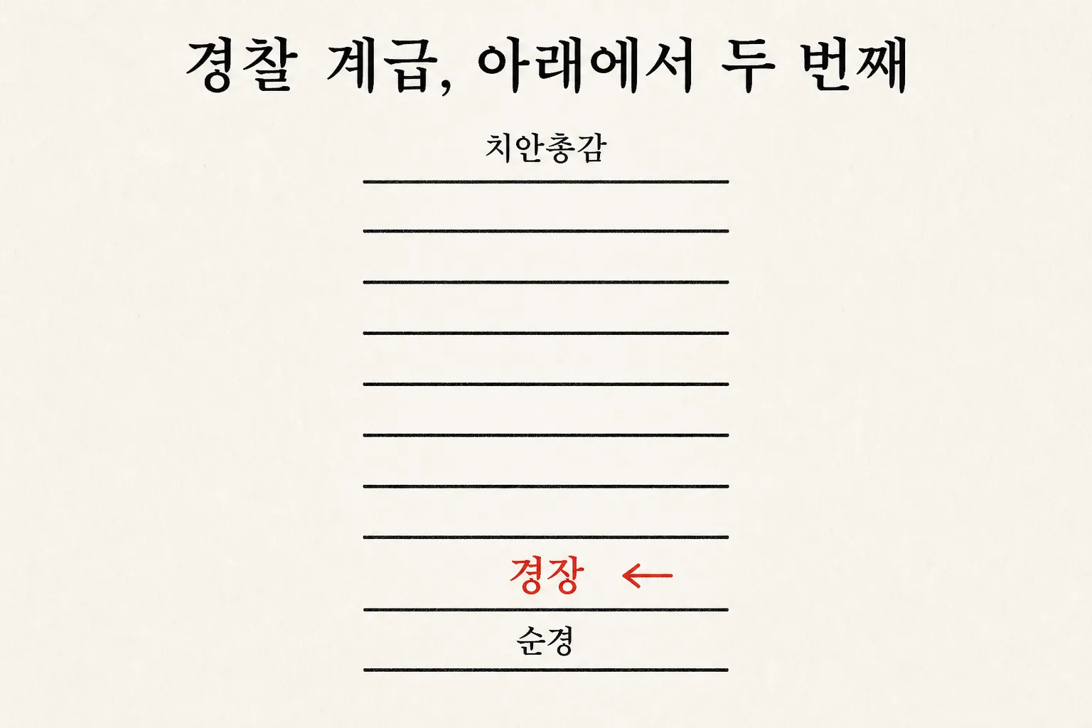 경찰 계급 사다리에서 경장이 순경 바로 위, 아래에서 두 번째 자리임을 붉은 화살표로 표시한 도식