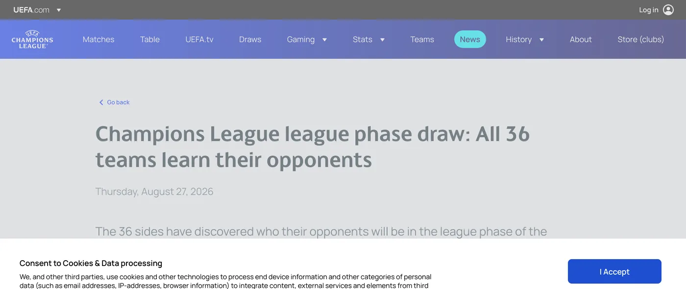 UEFA 공식 사이트의 2026-27 챔피언스리그 리그 페이즈 조추첨 결과 발표 페이지 캡처